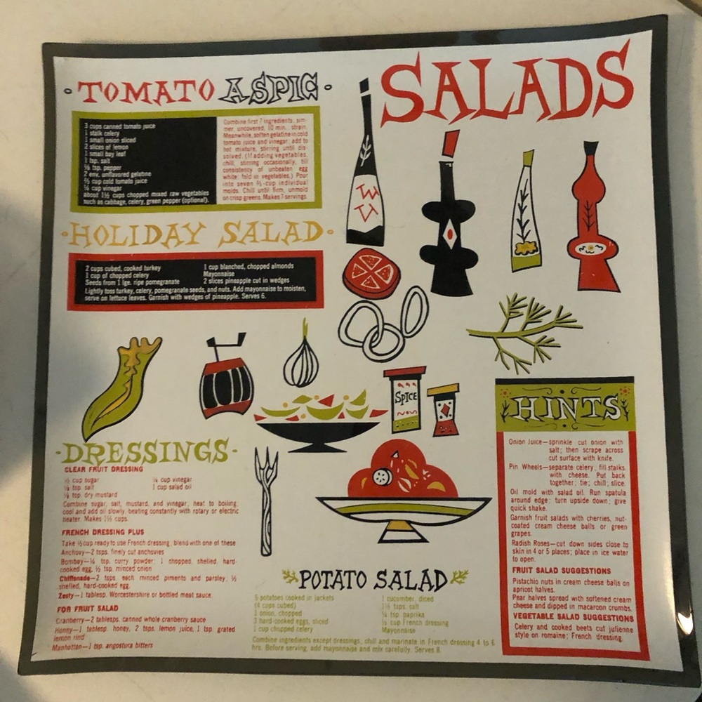 Vintage mid century modern serving tray with recipes and hints 12” square